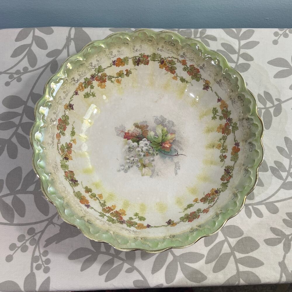 Antique Grape Vine Porcelain Serving Bowl Scalloped Gold Trim Crazed Victorian